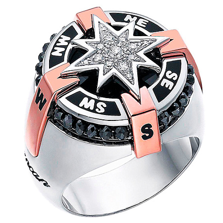 Перстень Zancan Роза Ветров из белого и розового золота с  белыми и черными бриллиантами
